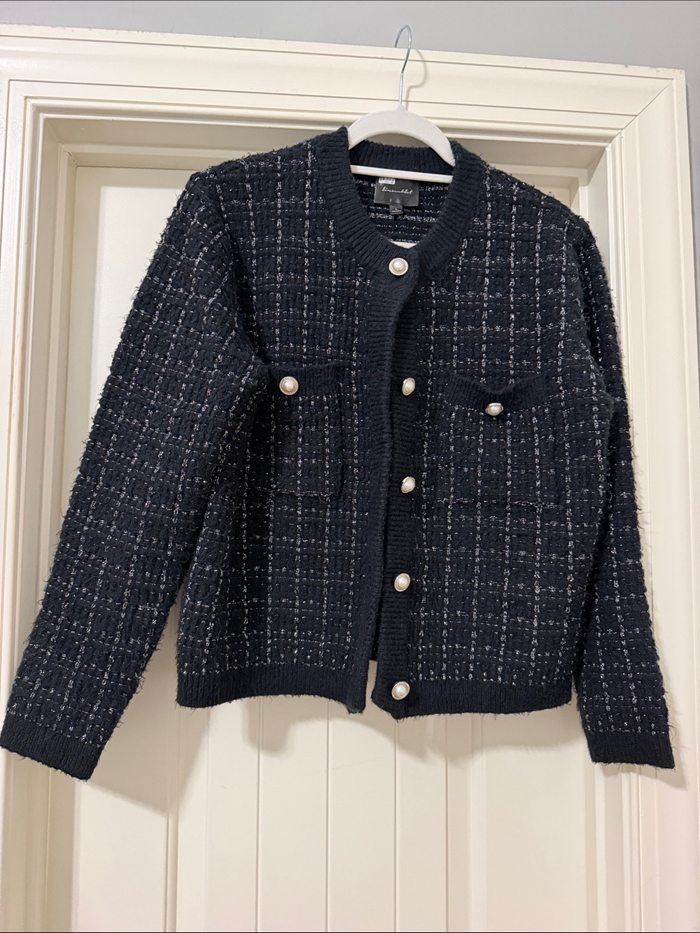 EUC Line & Dot Tweed Pearl-Button Cardigan Size L
